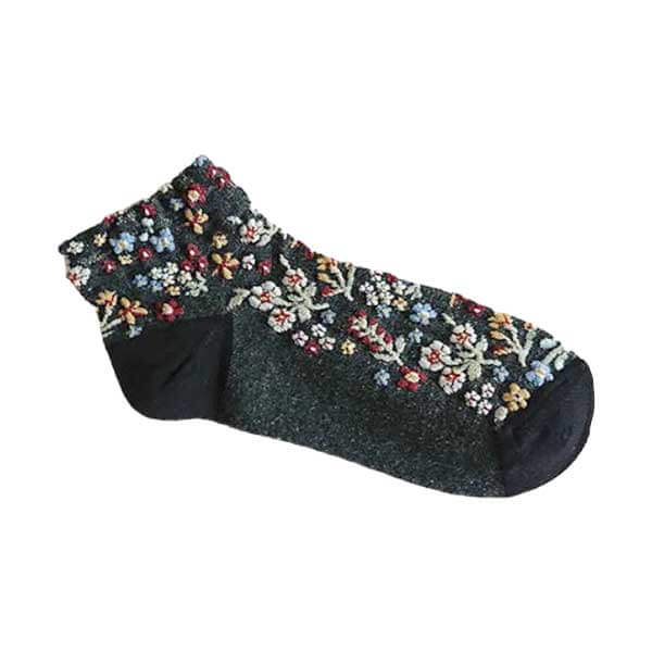 女襪子推薦︱立體 繽紛 小花 精梳棉 透氣 吸汗 短襪 黑色