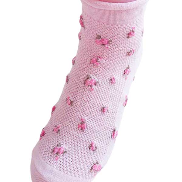 韓國襪子女︱立體精緻小花 捲邊襪口 透氣網 精梳棉 純棉 透氣 吸汗 舒適 短襪 粉紅
