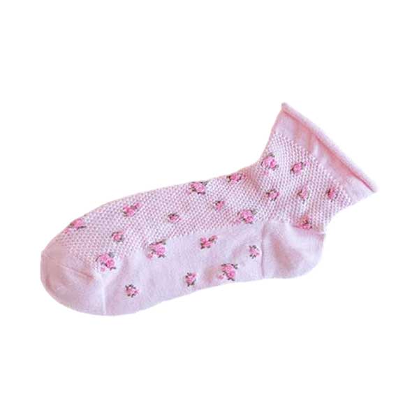 韓國襪子女︱立體精緻小花 捲邊襪口 透氣網 精梳棉 純棉 透氣 吸汗 舒適 短襪 粉紅