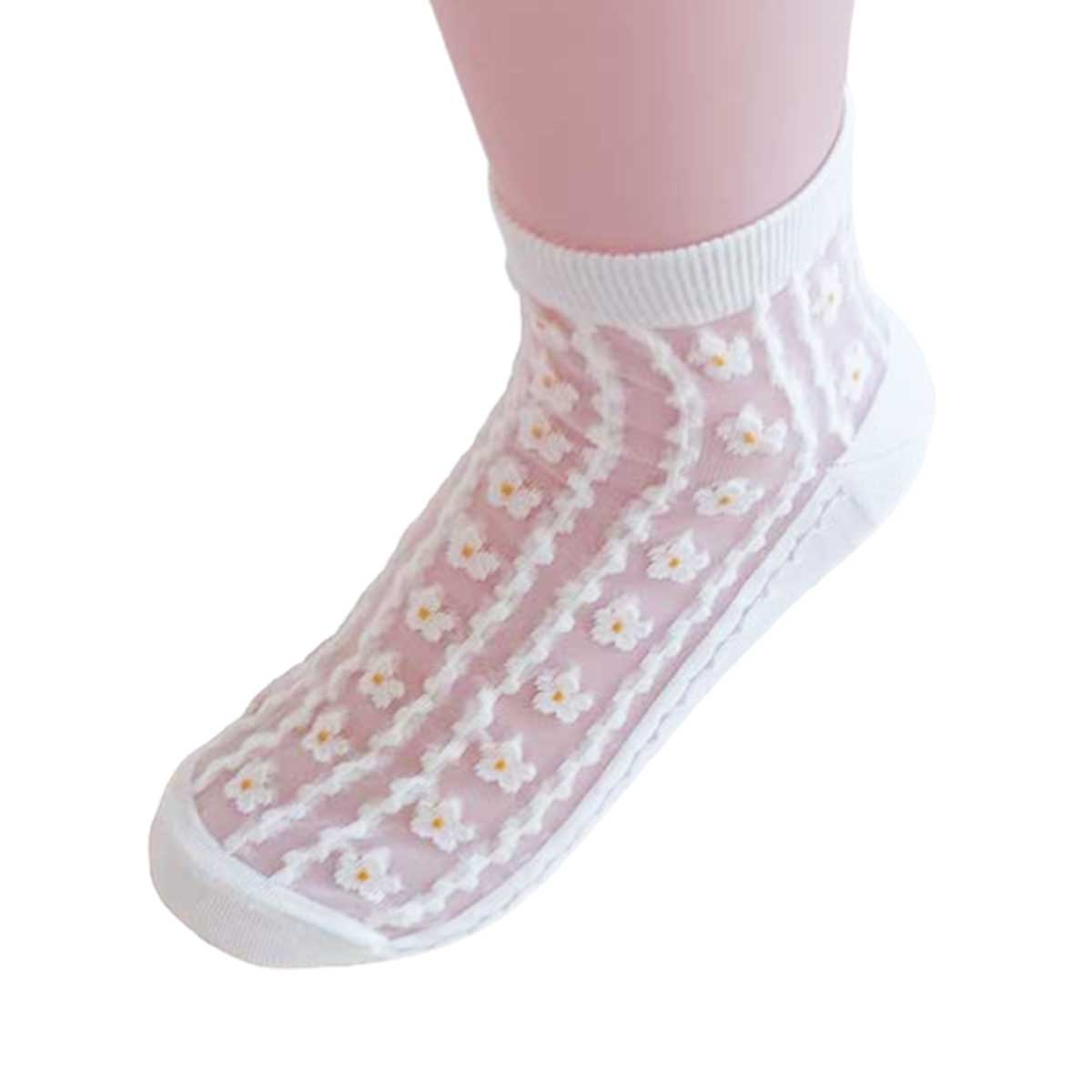 蕾絲短襪︱典雅時尚 花朵 曲線 透膚 水晶襪 白色