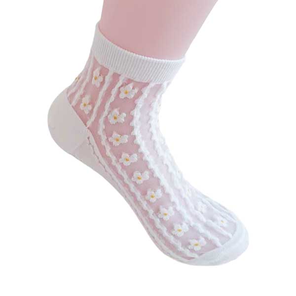 蕾絲短襪︱典雅時尚 花朵 曲線 透膚 水晶襪 白色