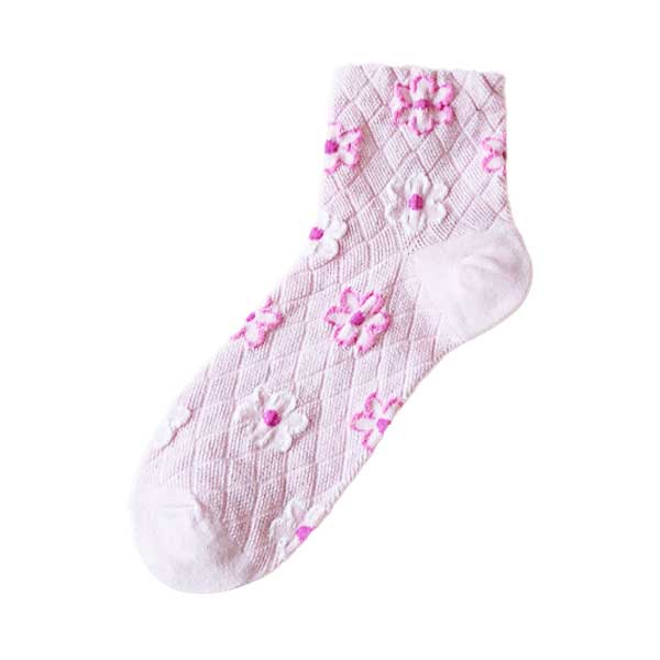 短襪女︱手繪彩色花朵 菱形網紋 純棉 透氣 吸汗 舒適 短襪 粉紅色
