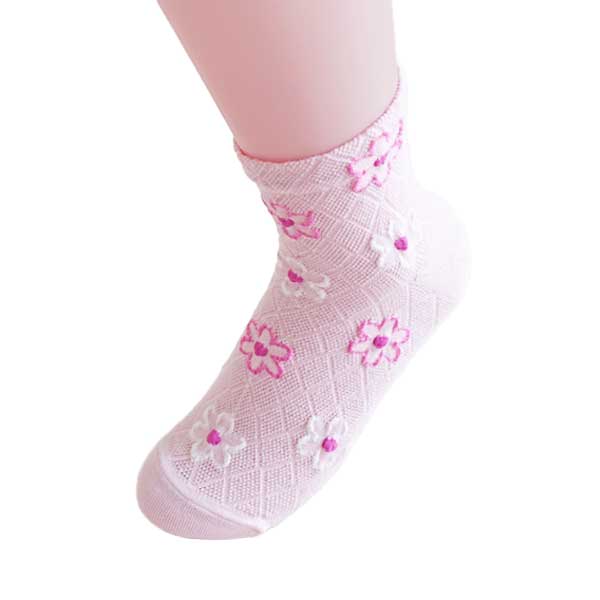 短襪女︱手繪彩色花朵 菱形網紋 純棉 透氣 吸汗 舒適 短襪 粉紅色