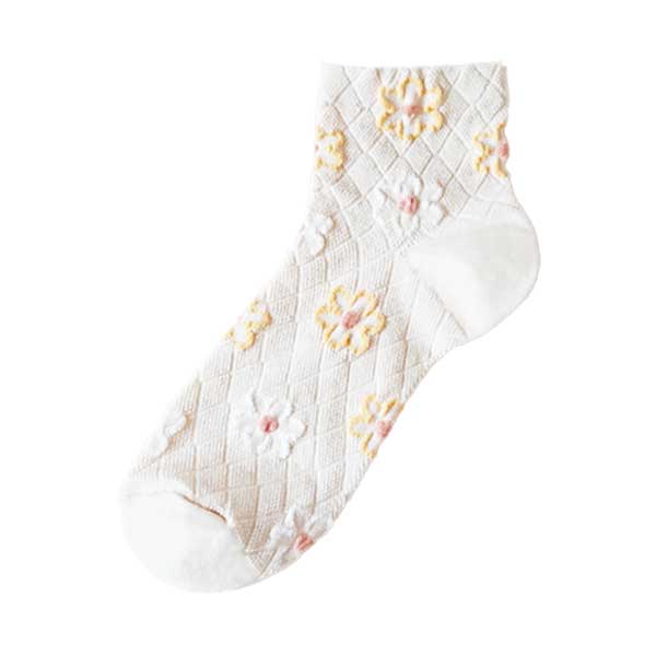短襪女︱手繪彩色花朵 菱形網紋 純棉 透氣 吸汗 舒適 短襪 黃色