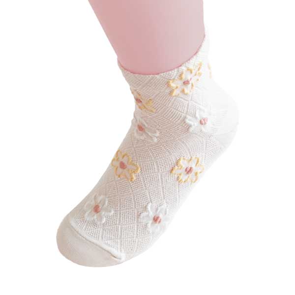 短襪女︱手繪彩色花朵 菱形網紋 純棉 透氣 吸汗 舒適 短襪 黃色