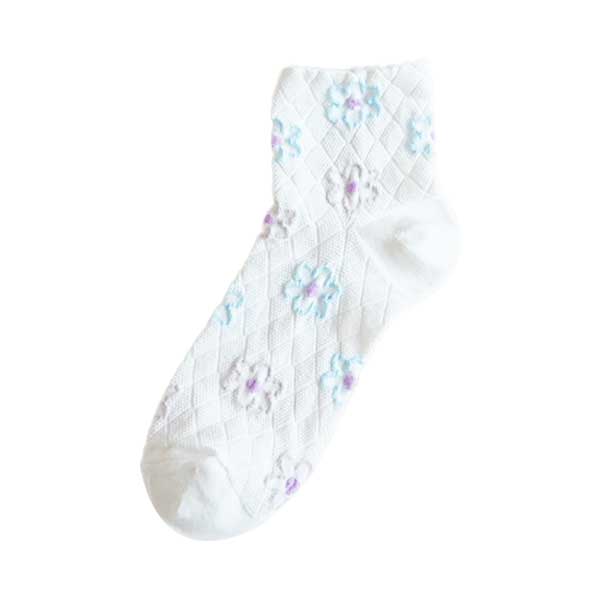 短襪女︱手繪彩色花朵 菱形網紋 純棉 透氣 吸汗 舒適 白色