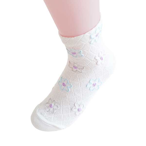 短襪女︱手繪彩色花朵 菱形網紋 純棉 透氣 吸汗 舒適 白色