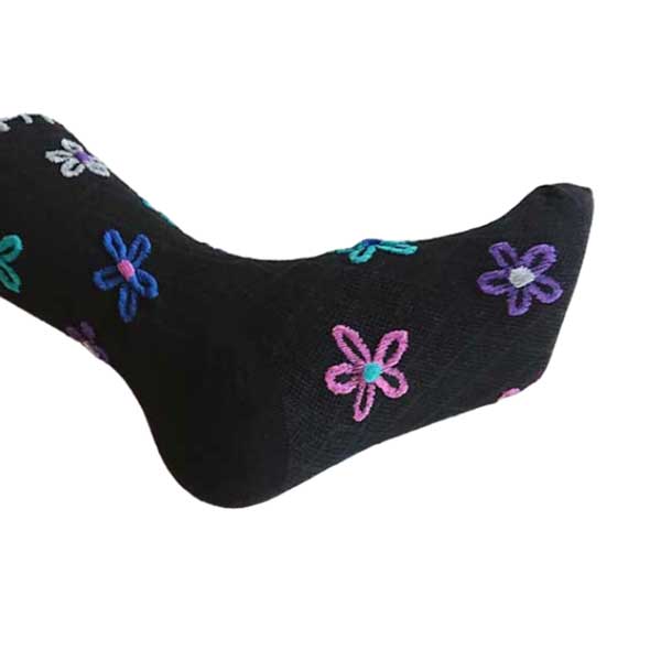 文青襪子︱手繪彩色花朵 純棉 透氣 吸汗 舒適 中筒襪 黑色