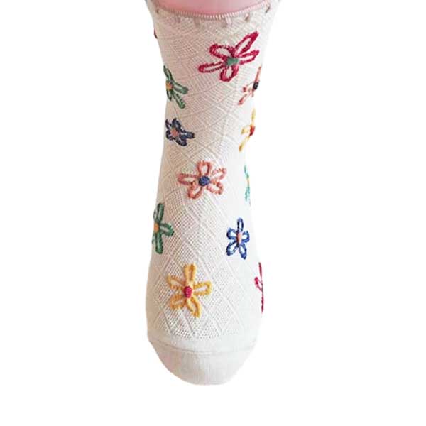 文青襪子︱手繪彩色花朵 純棉 透氣 吸汗 舒適 中筒襪 米黃