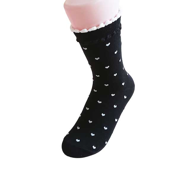 甜美浪漫 愛心滿滿 雙層立體花邊襪口 精梳棉 純棉 柔軟 舒適 中筒襪 黑色+白色