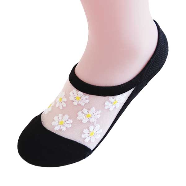 不脫落隱形襪︱小雛菊 精梳棉 純棉 透氣 吸汗 舒適 透膚 水晶襪 黑色