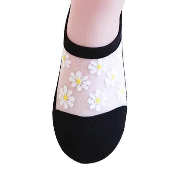 不脫落隱形襪︱小雛菊 精梳棉 純棉 透氣 吸汗 舒適 透膚 水晶襪 黑色