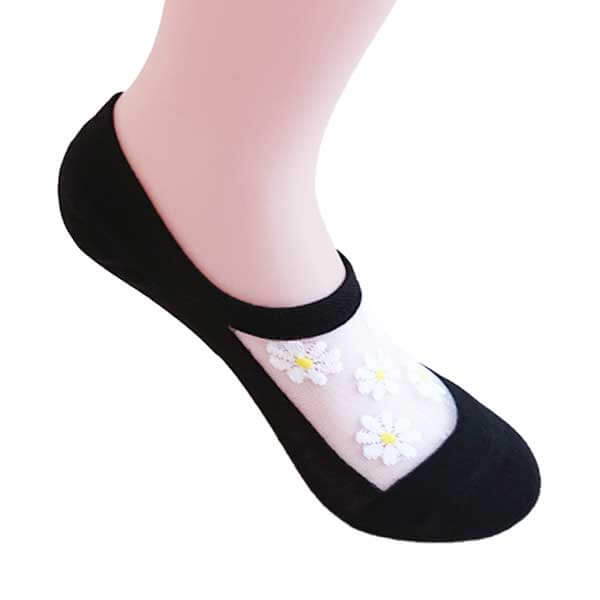 不脫落隱形襪︱小雛菊 精梳棉 純棉 透氣 吸汗 舒適 透膚 水晶襪 黑色